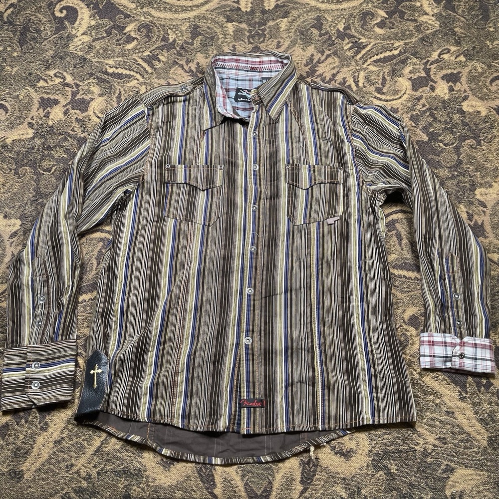 Fender Rock & Roll Religion Button Shirt Mens Large Goth Emo Y2K Brown Corduroy